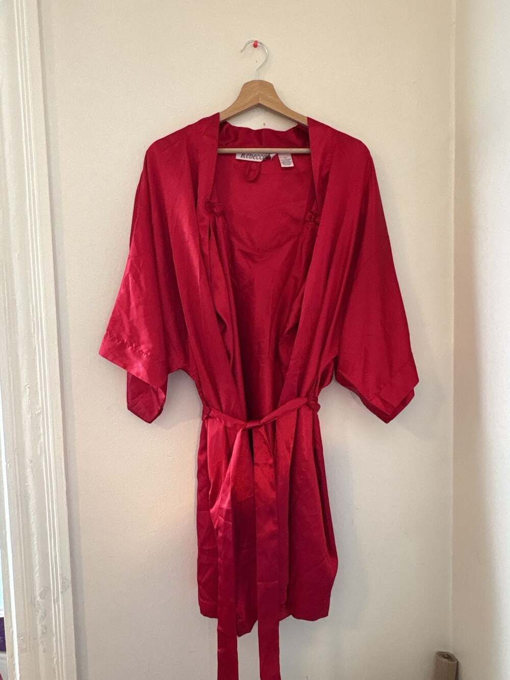 Vintage Rebecca Red Satin Nightgown Robe Set 2 Piece Lingerie Size L